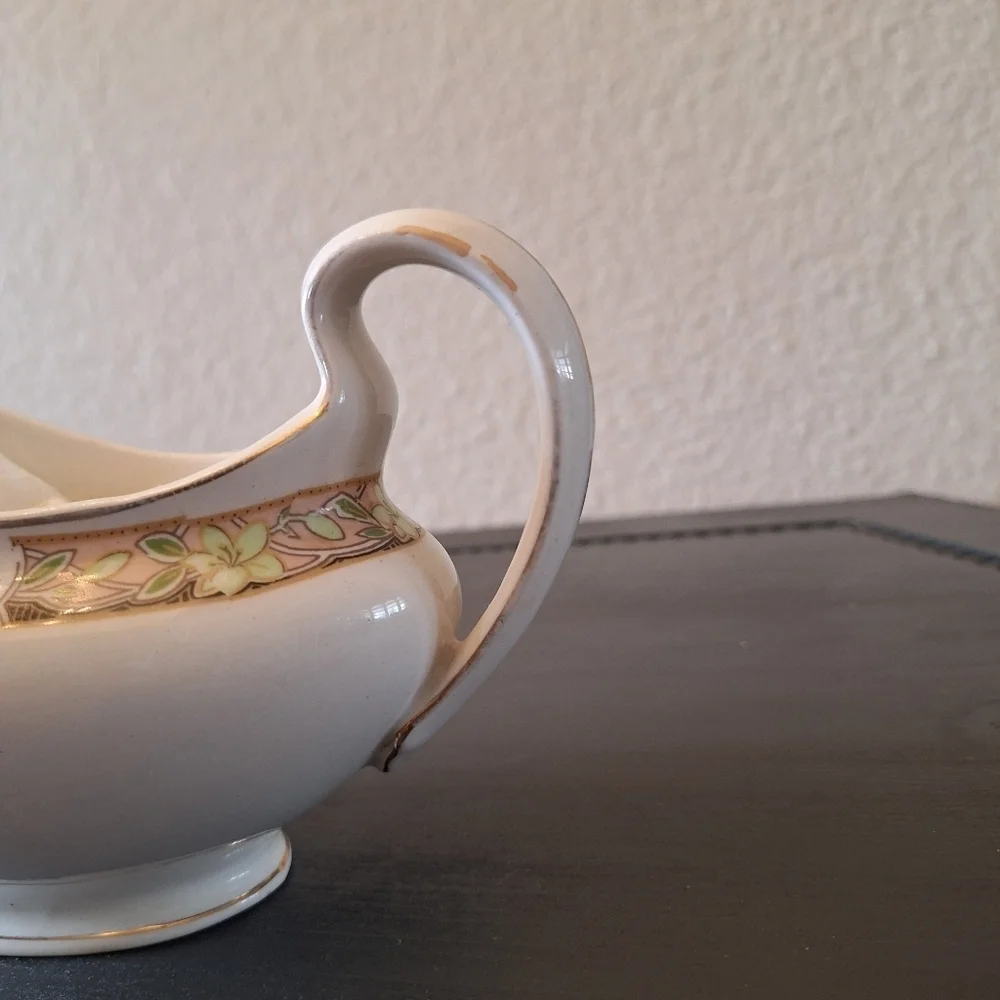 Vintage Johnson Bros England Floral Gravy Boat Pink Green Gold Trim Antique